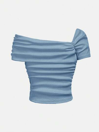 ملابس بناتي Girlism تي شيرت T-shirt كاجوال غير متماثل الأكتاف مجعد منسوج بالألوان الداكنة مناسب للمراهقات