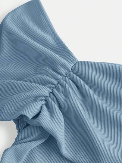ملابس بناتي Girlism تي شيرت T-shirt كاجوال غير متماثل الأكتاف مجعد منسوج بالألوان الداكنة مناسب للمراهقات