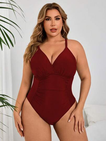 Swim Lushoire بلوزة سباحة قطعة واحدة مقاس كبير، باللون الأسود مع تجميع الخصر، طراز بسيط للنساء، مناسبة للعطلات والشاطئ