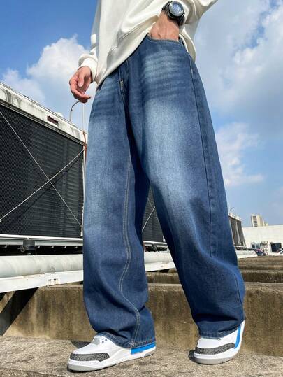 جينز رجالي فضفاض بساق مستقيمة وقدم مهترئة بطراز فينتاج مغسول بلون كاجوال فضفاض قطعة واحدة