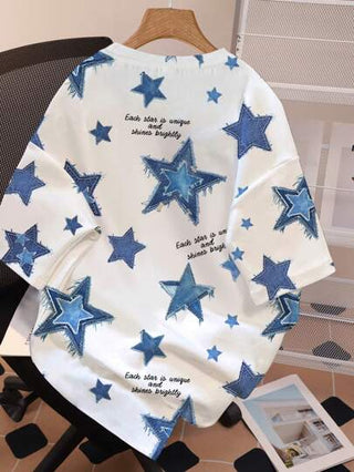 ملابس بناتي تي شيرت تريكو فضفاض معفى كاجوال بطبعة نجمة خماسية وحروف إنجليزية مناسب للبنات المراهقات في فصل الصيف