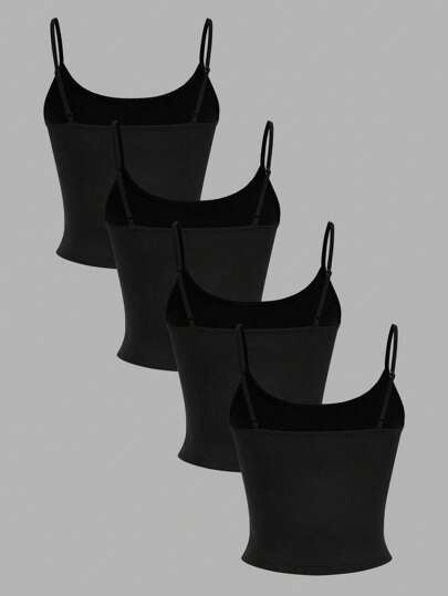 EZwear 4 قطع/مجموعة من بلوزات ضيقة سوداء مقصرة الأكمام للنساء، ملابس كاجوال للصيف