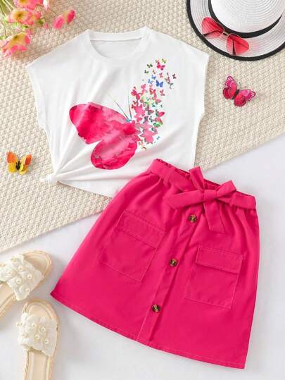 girls-sets مجموعة من قطعتين (ملابس علوية + تنورة) للأطفال البنات مع طباعة الفراشات، مناسبة للصيف، هدية للبنات والخارج