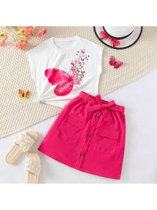 girls-sets مجموعة من قطعتين (ملابس علوية + تنورة) للأطفال البنات مع طباعة الفراشات، مناسبة للصيف، هدية للبنات والخارج