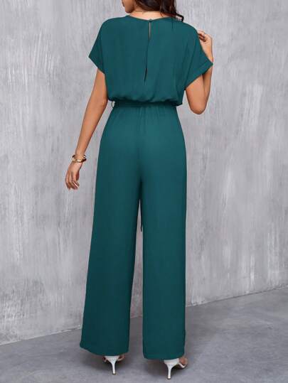SHEIN Clasi بدلة كاملة أنيقة للنساء ذات ياقة مستديرة مع حزام الخصر وساقات واسعة