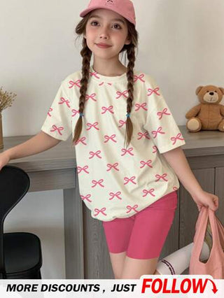 girls-sets مجموعة قطعتين من الفتاة البسيطة الكاجوال مكونة من تي شيرت كم قصير وشورت، مزخرف بطباعة الفيونكة الوردية، مناسبة للصيف
