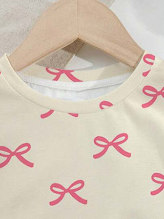 girls-sets مجموعة قطعتين من الفتاة البسيطة الكاجوال مكونة من تي شيرت كم قصير وشورت، مزخرف بطباعة الفيونكة الوردية، مناسبة للصيف