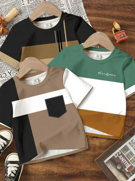 SHEIN 3 قطع/طقم، تي شيرت كاجوال من الأطفال الصغار، قطن مضفر كلاسيكي متعدد الألوان والتصاميم الهندسية، أكمام قصيرة، مناسب للصيف