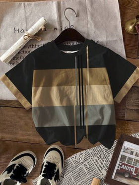 SHEIN 3 قطع/طقم، تي شيرت كاجوال من الأطفال الصغار، قطن مضفر كلاسيكي متعدد الألوان والتصاميم الهندسية، أكمام قصيرة، مناسب للصيف