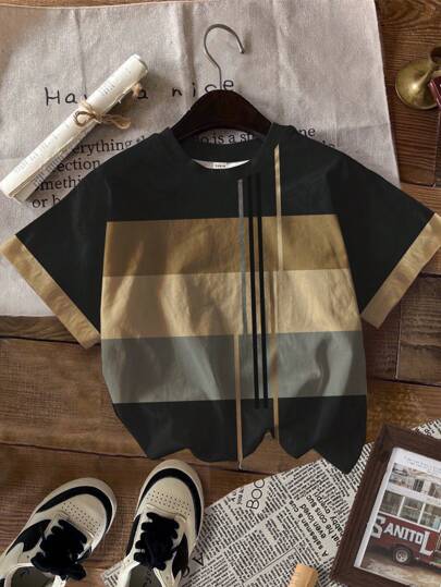 SHEIN 3 قطع/طقم، تي شيرت كاجوال من الأطفال الصغار، قطن مضفر كلاسيكي متعدد الألوان والتصاميم الهندسية، أكمام قصيرة، مناسب للصيف