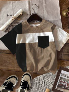 SHEIN 3 قطع/طقم، تي شيرت كاجوال من الأطفال الصغار، قطن مضفر كلاسيكي متعدد الألوان والتصاميم الهندسية، أكمام قصيرة، مناسب للصيف