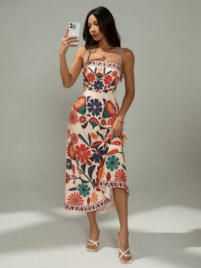 SHEIN PETITE فستان كاجوال للنساء بخصر مجمع وبطبعات زهرية، بلا أكمام وقصة A-line، مناسب للعطلات الربيعية والصيفية