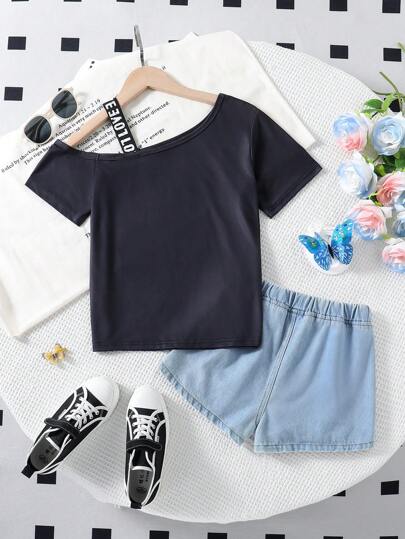 girls-sets اطقم ملابس للفتيات بين العاصرة 2 قطعة، تيشيرت موضة وشورت جينز ممزق، ملابس صيفية