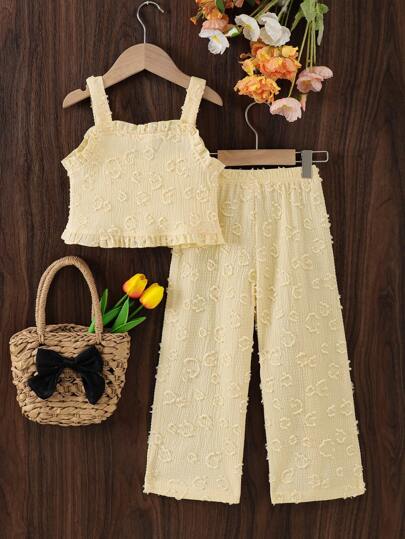 SHEIN Elladie kids مجموعة من قطعتين بنطلون وأعلى أصفر أكمام بدون أكمام كاجوال للبنات ، صيفي