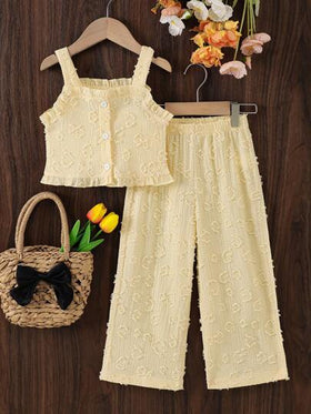 SHEIN Elladie kids مجموعة من قطعتين بنطلون وأعلى أصفر أكمام بدون أكمام كاجوال للبنات ، صيفي