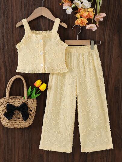 SHEIN Elladie kids مجموعة من قطعتين بنطلون وأعلى أصفر أكمام بدون أكمام كاجوال للبنات ، صيفي