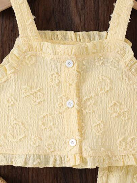 SHEIN Elladie kids مجموعة من قطعتين بنطلون وأعلى أصفر أكمام بدون أكمام كاجوال للبنات ، صيفي