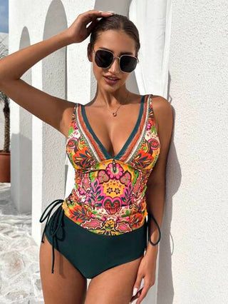 طقم تانكيني حريمي Swim Lushoire 2قطعة/مجموعة بدلة سباحة للنساء بطبعة زهور، بدون أكمام وبدون سلك، مع رباط جانبي وخيط سحب، بتصميم كاجوال وشاطئي