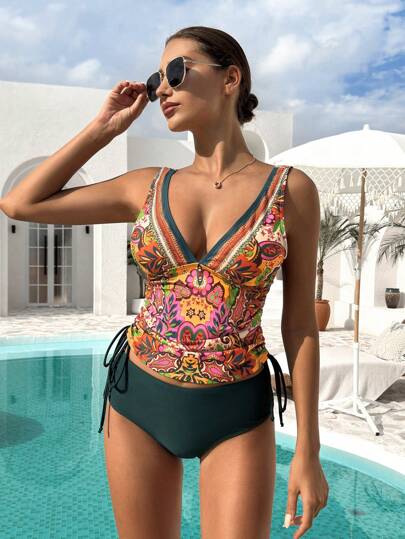 طقم تانكيني حريمي Swim Lushoire 2قطعة/مجموعة بدلة سباحة للنساء بطبعة زهور، بدون أكمام وبدون سلك، مع رباط جانبي وخيط سحب، بتصميم كاجوال وشاطئي