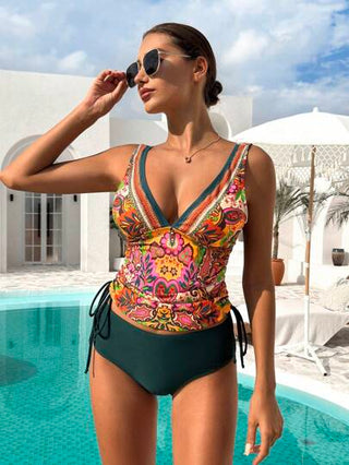 طقم تانكيني حريمي Swim Lushoire 2قطعة/مجموعة بدلة سباحة للنساء بطبعة زهور، بدون أكمام وبدون سلك، مع رباط جانبي وخيط سحب، بتصميم كاجوال وشاطئي