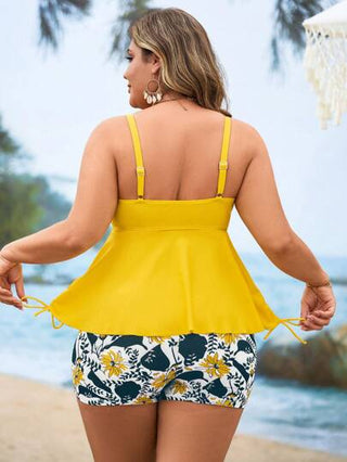 Swim Lushoire طقم بحر للمرأة من قطعتين 2 بلون غامق ذو سترة مع تنورة ببطبعات وشورت ، ملابس شاطئية كاجوال للعطلات الصيفية