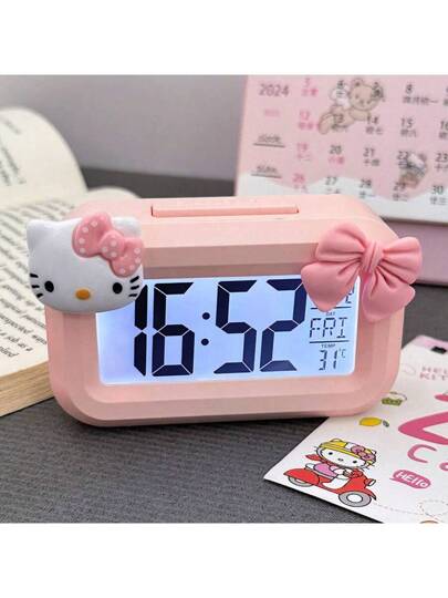 Sanrio ساعة منبه صغيرة هالو كيتي من سانريو - ساعة طاولة صغيرة بتصميم كيوت متعددة الوظائف محمولة للطلاب و ديكور المنزل | منتج رسمي معتمد ديكور غرفة ساعة رقمية