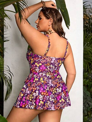 Swim Lushoire حللة سباحة لرياضة كبيرات الحجم ذات حمالات رفيعة وياقة على شكل حرف U مزينة بطبعات زهور ملونة وفيونكة للعطلات الصيفية والشاطئ