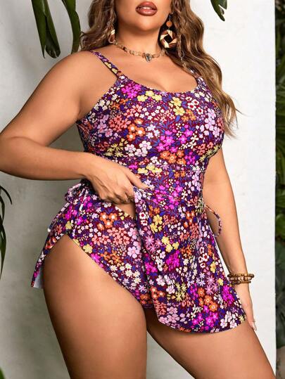 Swim Lushoire حللة سباحة لرياضة كبيرات الحجم ذات حمالات رفيعة وياقة على شكل حرف U مزينة بطبعات زهور ملونة وفيونكة للعطلات الصيفية والشاطئ
