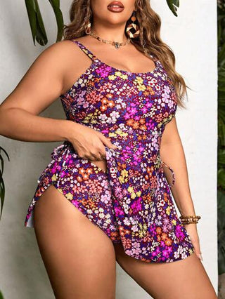 Swim Lushoire حللة سباحة لرياضة كبيرات الحجم ذات حمالات رفيعة وياقة على شكل حرف U مزينة بطبعات زهور ملونة وفيونكة للعطلات الصيفية والشاطئ