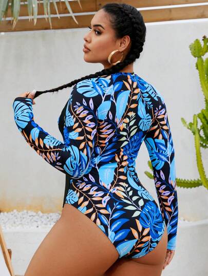 Swim SPRTY بذلة سباحة قطعة واحدة للمرأة ذات حجم كبير، بسحاب أمامي وطبعات عشوائية، بأكمام طويلة، ملائمة للبناء الرشيق، للاستخدام في الشاطئ والمسبح في عطلات الصيف