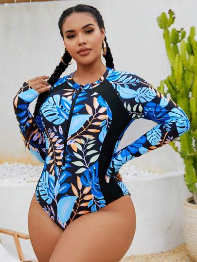 Swim SPRTY بذلة سباحة قطعة واحدة للمرأة ذات حجم كبير، بسحاب أمامي وطبعات عشوائية، بأكمام طويلة، ملائمة للبناء الرشيق، للاستخدام في الشاطئ والمسبح في عطلات الصيف
