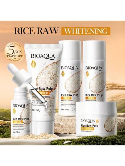 BIOAQUA مجموعة العناية بالبشرة بمصل الأرز المكونة من 5 قطع، ملابس السفر، حمل معك، مجموعة هدايا منتجات العناية بالبشرة المرطبة، صندوق هدايا، مرطب وملطف بشرة يومي، منظف وجه، كريم ليلي
