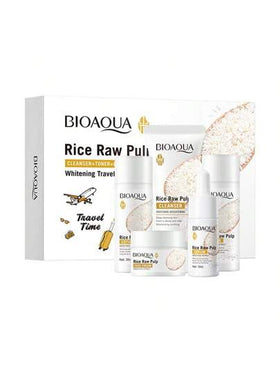 BIOAQUA مجموعة العناية بالبشرة بمصل الأرز المكونة من 5 قطع، ملابس السفر، حمل معك، مجموعة هدايا منتجات العناية بالبشرة المرطبة، صندوق هدايا، مرطب وملطف بشرة يومي، منظف وجه، كريم ليلي