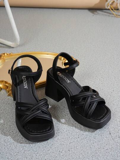 نعال نسائية إصبع القدم مفتوح عالية الكعب سميكة الكعب بأشرطة منكمشة وأبزيم