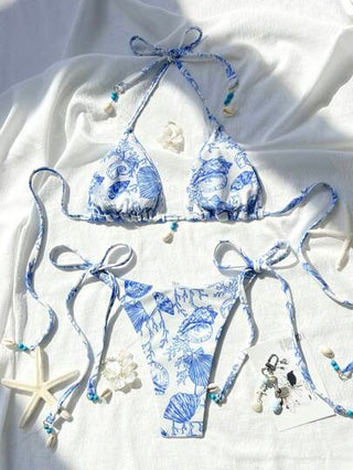 Swim طقم بكيني نسائي ذو طابع مطبوع عشوائي على القماش الملمس مع ربطة رقبة وجانب للشاطئ والعطلات