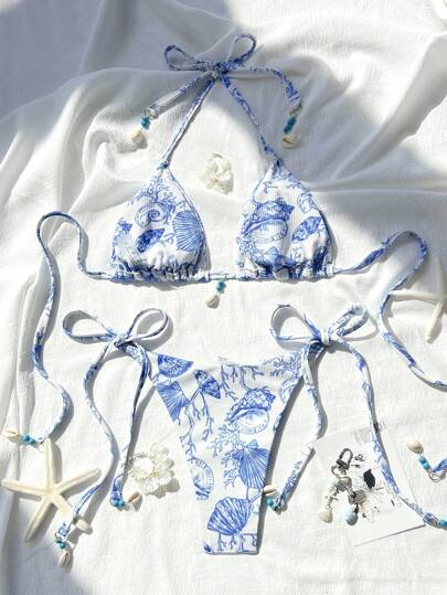 Swim طقم بكيني نسائي ذو طابع مطبوع عشوائي على القماش الملمس مع ربطة رقبة وجانب للشاطئ والعطلات