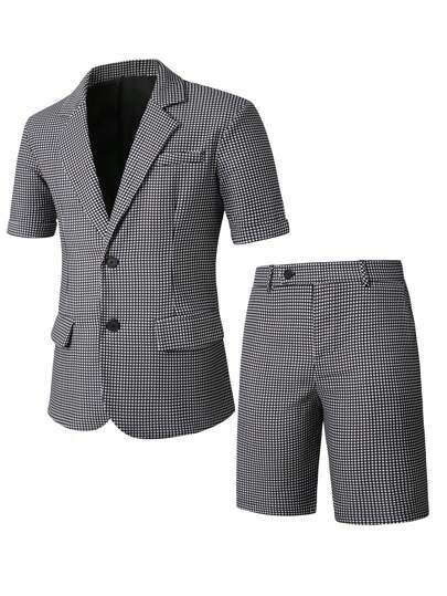 Manfinity Bizformal بدلة رجالية قصيرة الأكمام بنمط كارو قطعتان مكونة من جاكيت وشورت، بدلة مناسبة للتنقل مكونة من قطعتين للرجال، بدلة كاجوال مكونة من قطعتين