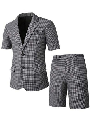 Manfinity Bizformal بدلة رجالية قصيرة الأكمام بنمط كارو قطعتان مكونة من جاكيت وشورت، بدلة مناسبة للتنقل مكونة من قطعتين للرجال، بدلة كاجوال مكونة من قطعتين