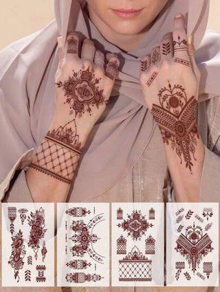 طقم تانكيني حريمي 1/4 قطع عالية الجودة، نقل غسول المياه، تتميز بوشم حناء اليد المؤقت الزائف بتصاميم مهندي معقدة كاملة. هذه الملصقات الوشمية للأصابع الحمراء المستوحاة من الحناء المقاومة للماء والطويلة الأمد تم تصميمها خصيصًا للنساء.