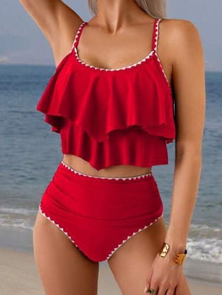 طقم تانكيني حريمي Swim Lushoire 2 قطعة ملابس سباحة ذات خصر عالي بتصميم مكشكش والحواف ملونة عكسية مع وسط منسدل للربيع