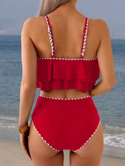 طقم تانكيني حريمي Swim Lushoire 2 قطعة ملابس سباحة ذات خصر عالي بتصميم مكشكش والحواف ملونة عكسية مع وسط منسدل للربيع