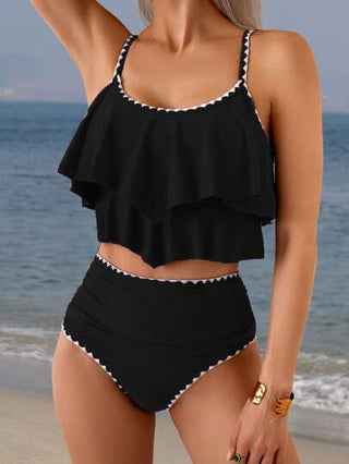 طقم تانكيني حريمي Swim Lushoire 2 قطعة من السراويل المثلثة للسباحة بتصميم الزهور ذات الخصر العالي والتكسرات متباينة الألوان "للفترة الربيعية"، وخصر مكشكش
