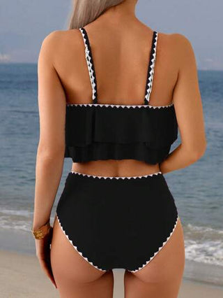طقم تانكيني حريمي Swim Lushoire 2 قطعة من السراويل المثلثة للسباحة بتصميم الزهور ذات الخصر العالي والتكسرات متباينة الألوان "للفترة الربيعية"، وخصر مكشكش