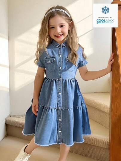 Elladie kids فستان جينز كاجوال عصري للبنات المراهقات، بياقة بولو، وذيل مشذب