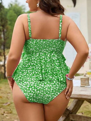 طقم تانكيني حريمي Swim Mod مجموعة بكيني مقاس كبير ذات طبعة زهرية، 2 قطعة، ملابس علوية كامي بفتحة واسعة وقاع مطوي عالي الخصر، منحف وجذاب المظهر