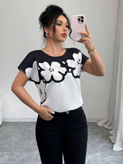 Elenzga قميص نسائي أنيق متناقض مع طباعة زهرية للتنقل