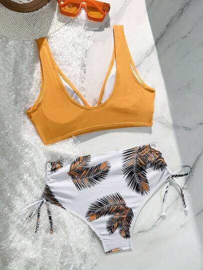 طقم تانكيني حريمي Swim بيكيني كامل القطعة بلون أحادي، بتصميم خصر عالي للسيدات والفتيات من مقاسات زائدة الحجم