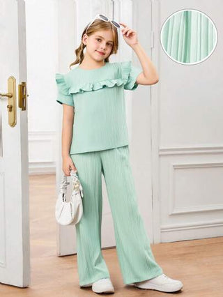 girls-sets طقم أنيق من بلوزة مكشكشة أنيقة وبنطال ذو ساق واسعة ، قماش ذو ملمس ، فضفاض المقاس