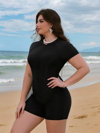 SHEIN Swim Lushore زي شاطئ قطعة واحدة كبيرة الحجم مع سوستة، إجازة صيفية على الشاطئ