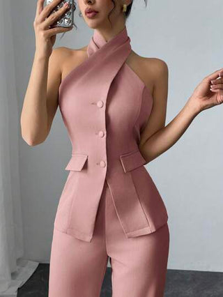 طقم حريمي قطعتين Modelyn العيد طقم قطعتين نساء أنيق من ملابس علوية حالتر أحادية الصدر وبنطال ضيق، لون أحادي، ملابس رسمية عمل
